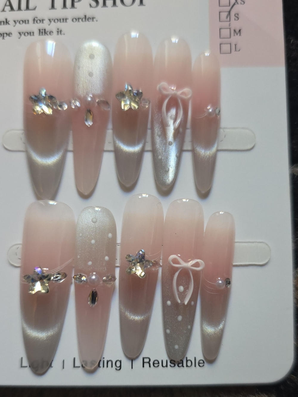 Reusable Pink Pearl Ombre Press-On Nails with Bow & Crystal Accents Size Small